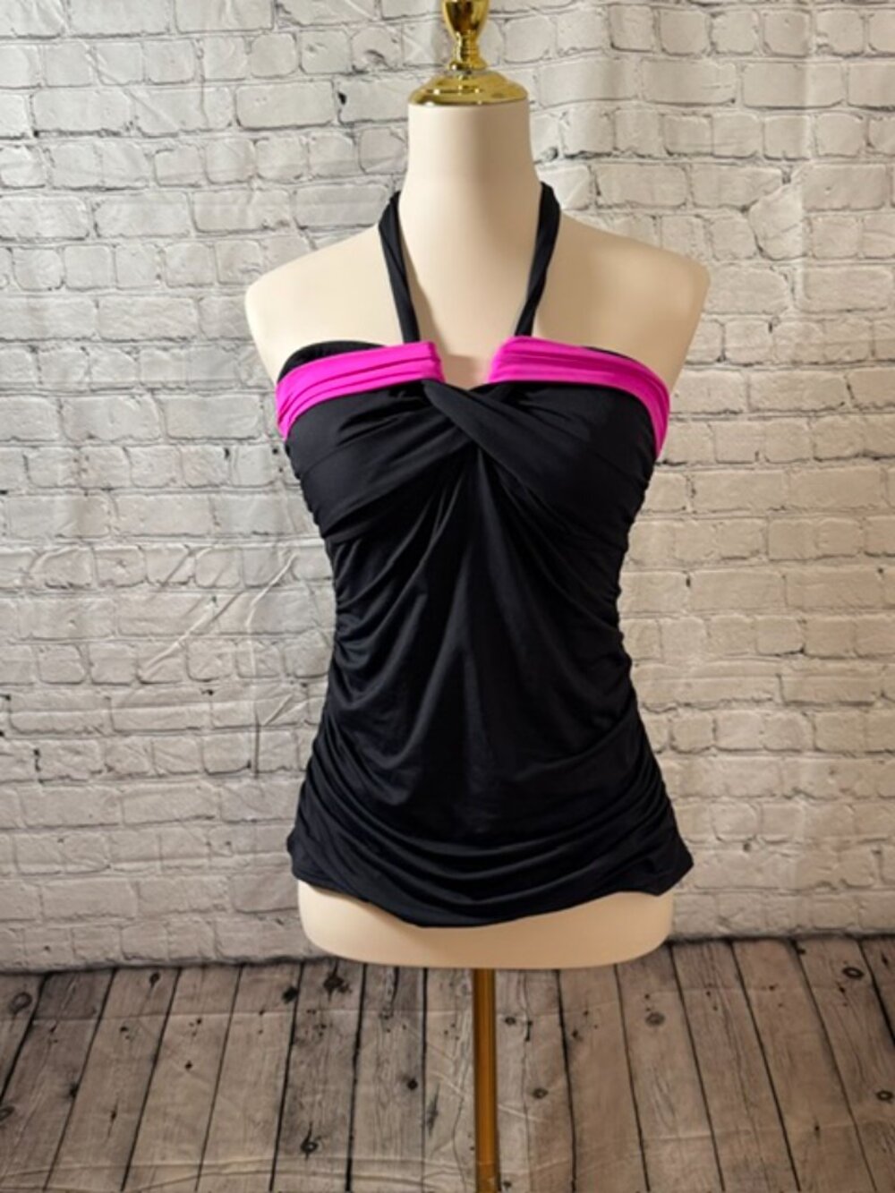 Anne Cole Black Pink V-Wire Halter Tankini Top Size L
